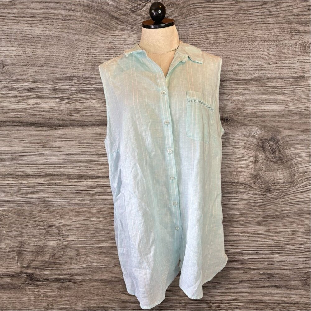 Chico's Turquoise‎ NO Iron Striped LINEN Sleeveless Blouse Sz 3 (L) Buttons